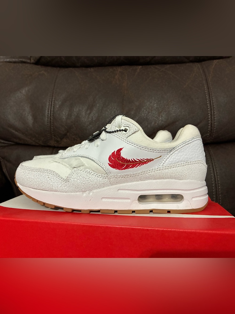 Nike Women’s Airm Max 1 The Bay White Leather Sneakers with Red Swoosh Feather